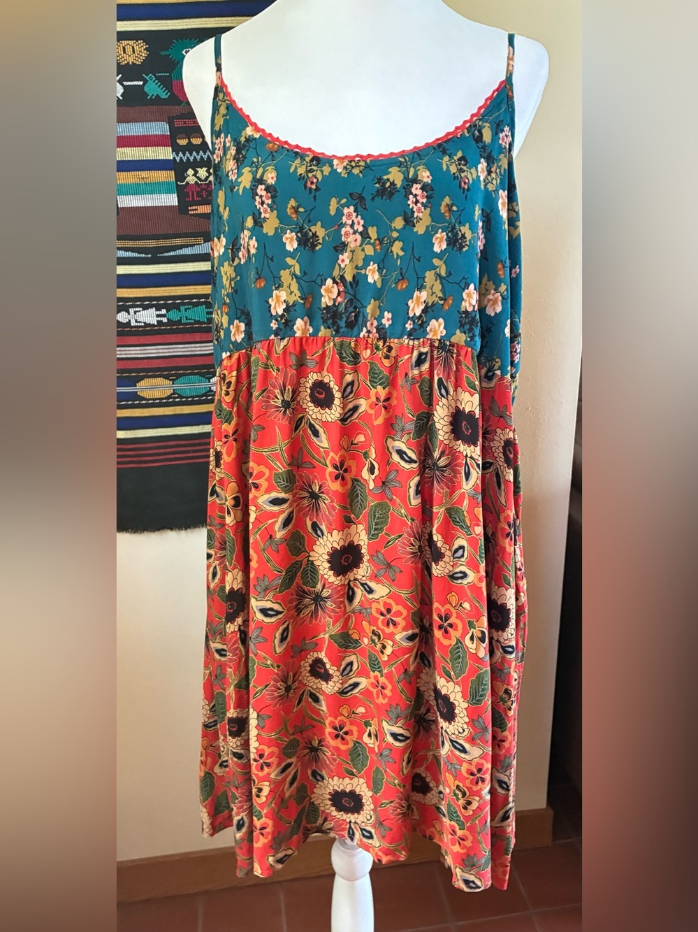 Natural Life Gigi Mini Dress Teal Orange Floral Sundress Flowy Hippy Boho XL